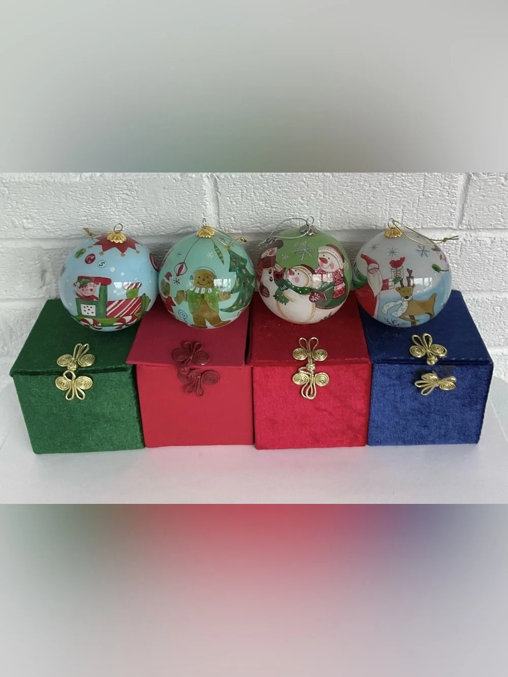 Vintage Pier 1 Li Bien Reverse Painted Glass Christmas Ornaments Set 4 Santa Elf